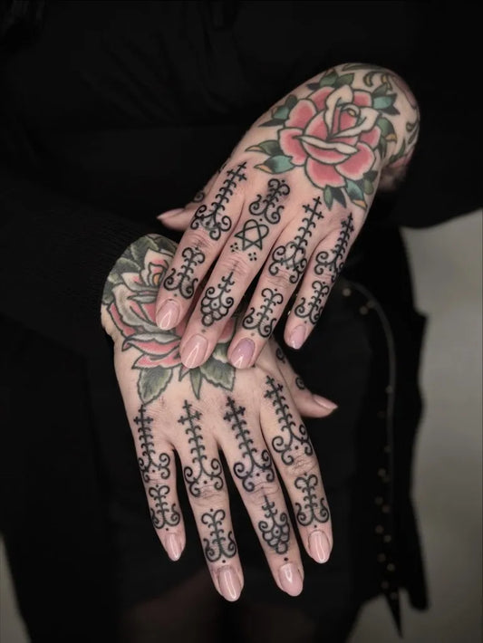 Medium Ornamental Rose Cross Tattoo on Women Hands by @susannmarleen