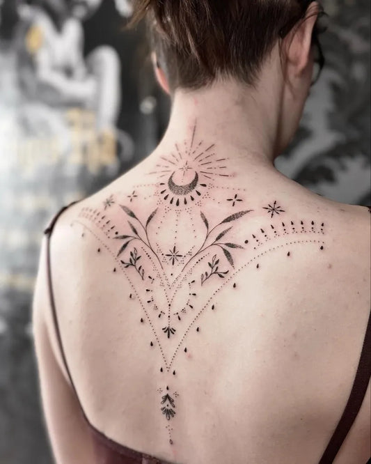 Medium Ornamental Sun Moon Leaves Tattoo on Women Back by @aida.dzi.tattoo