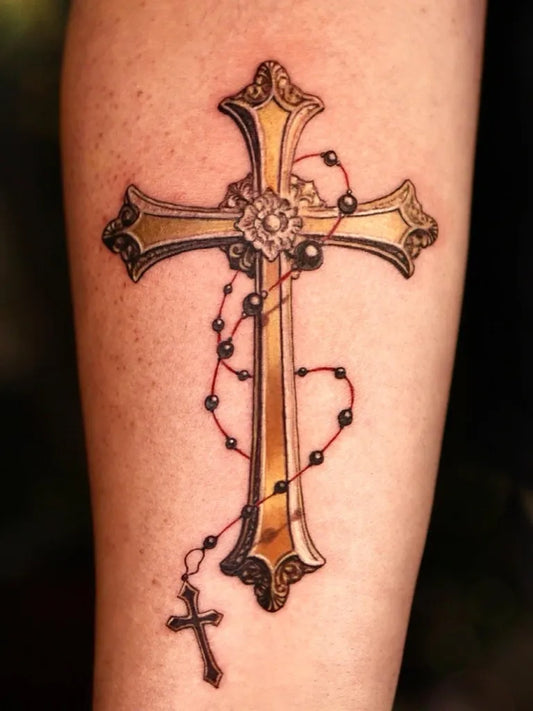 Medium Ornate Cross Rosary Beads on Men Arm Tattoo by @trieuloc.ktattoo