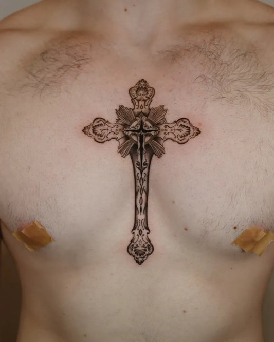 Medium Ornate Cross on Men Chest Tattoo by @qt.tattoo