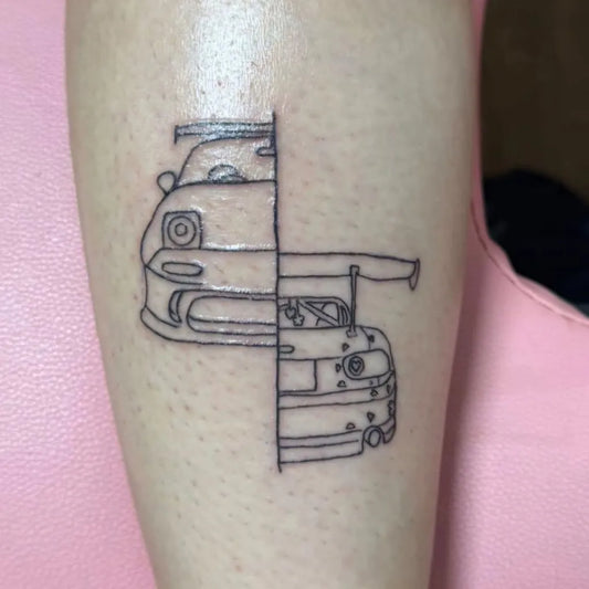 Medium Outline Dual Mazda RX7 Cars Tattoo on Women Leg by @blossom.mx5