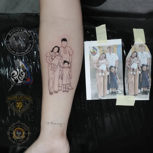 Medium Outline Family Tattoo on Women Arm by @bernards.hand