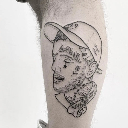 Medium Outline Lil Peep Portrait Tattoo on Men Leg by @wayofink.tattoo