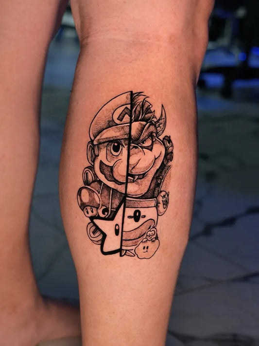 Medium Outline Mario and Bowser Tattoo on Women Leg by @lionsinktattoo_