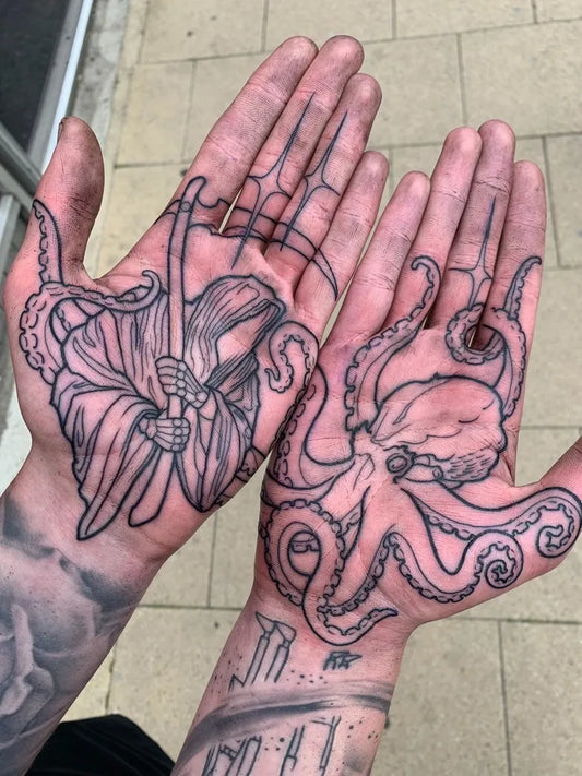 Medium Outline Reaper and Octopus Tattoo on Men Hands by @lukeaashley