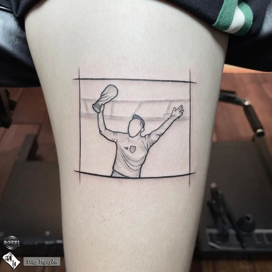 Medium Outline SoccerPlayerHoldingTrophy Tattoo on Men Thigh by @rottitattoo