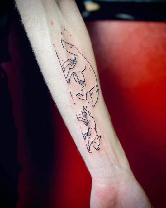 Medium Outline Two Foxes Tattoo on Men Arm by @szymczuk.dya
