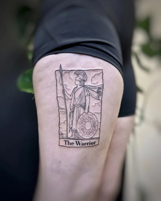 Medium Outline Warrior with Spear and Shield Tattoo on Women Thigh by @silentmoontattoo