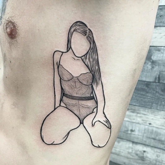 Medium Outline Woman in Lingerie Tattoo on Men Chest by @explodinktattoostudio