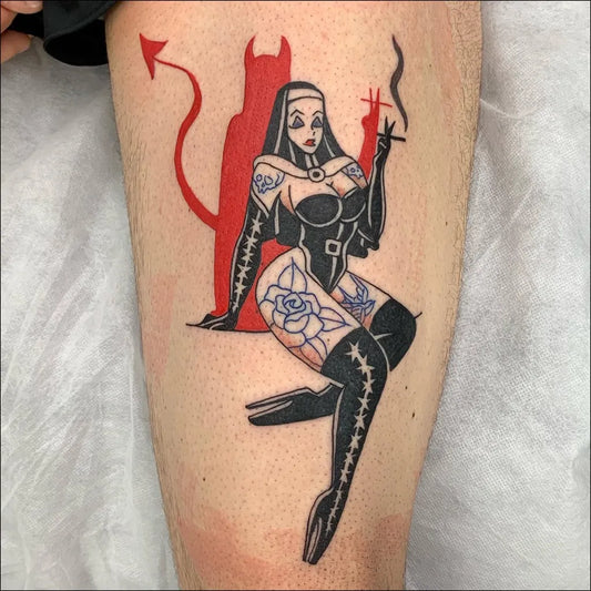 Medium Pinup Devilish Nun Pin Up Girl Tattoo on Women Thigh by @p.laz.tattoo