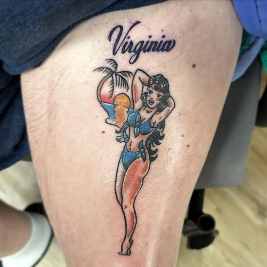 Medium Pinup Pin Up Girl Palm Tree Tattoo on Women Thigh by @chris_p_tattoos