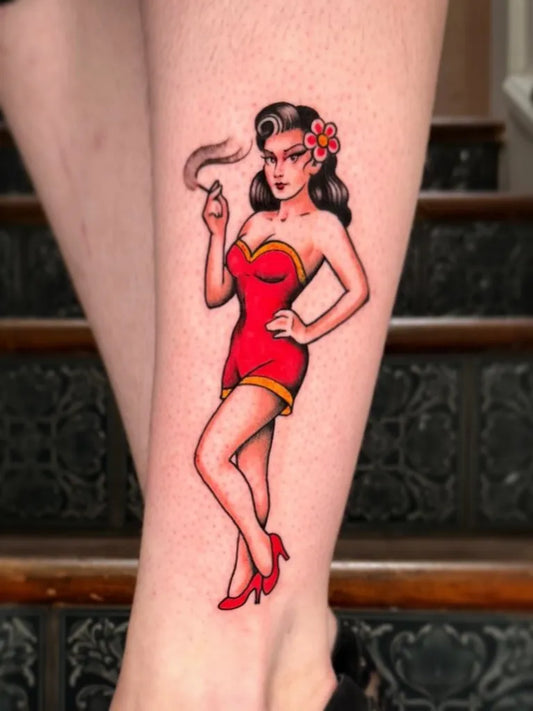 Medium Pinup Pin Up Girl Smoking Tattoo on Women Leg by @circleofswords