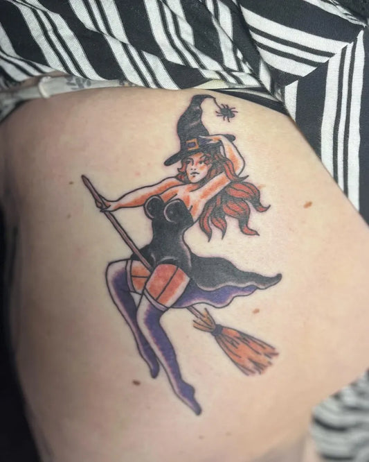 Medium Pinup Witch Pin Up Girl Broom Tattoo on Women Thigh by @milo_tattz