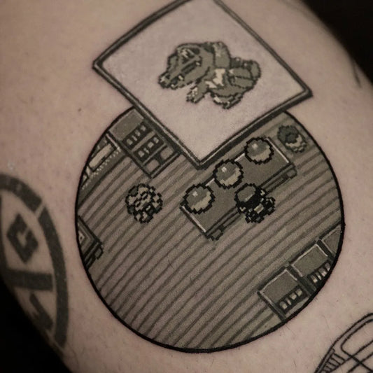 Medium Pixel Art Pokemon Battle Scene Tattoo on Men Arm by @zzang.ga_tattoo