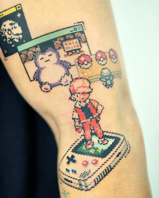 Medium Pixel Art Pokemon Trainer Snorlax Gameboy Tattoo on Men Arm by @youthless_