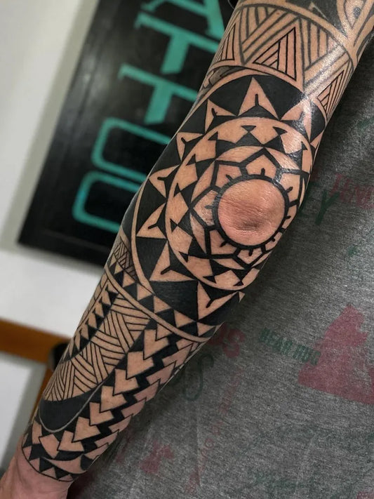 Medium Polynesian Geometric Sun Tribal Arm Bands Tattoo on Men Arm by @ivantattoo_9