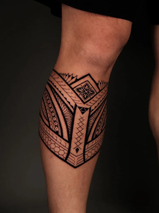 Medium Polynesian Tribal Band Tattoo on Men Thigh by @tattooist.vita