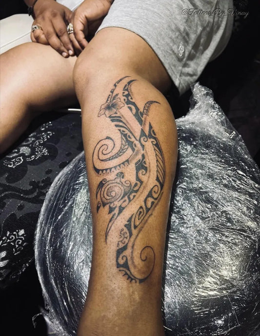 Medium Polynesian Tribal Waves Tattoo on Women Thigh by @vinay_dut