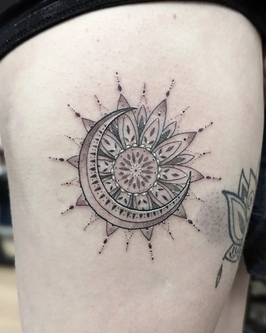 Medium Polynesian and Grey Sun and Moon and Lotus on Women Thigh Tattoo by @vickylou_tattoo82