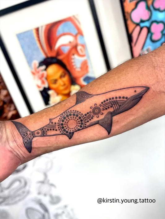 Medium Polypesian Shark with Mandala Patterns on Men Arm Tattoo by @kirstin.young.tattoo