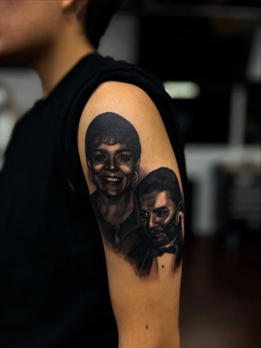 Medium Portrait Michael Jackson and Woman on Men Arm Tattoo by @flaco.bones