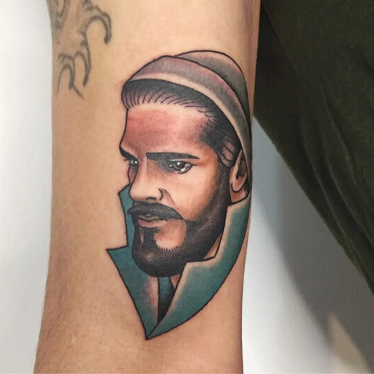 Medium Portrait Portrait of Man with Hat and Beard Nautical Tattoo on Men Arm by @memotatuajes