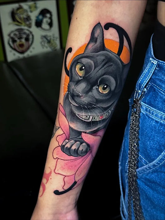 Medium Realism Black Cat with Flower Tattoo on Women Arm by @slahcov