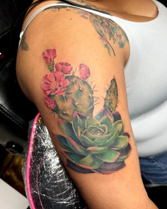 Medium Realism Cactus Succulent Flowers Tattoo on Women Arm by @tattoos_by_snow