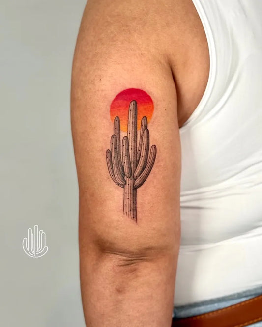 Medium Realism Cactus and Sunset Tattoo on Women Upper Arm by @tony.sahuarito