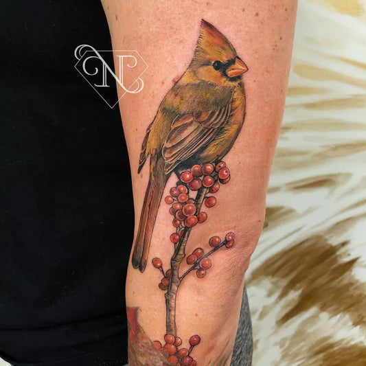 Medium Realism Cardinal Berries Tattoo on Women Arm by @neonladytattoo