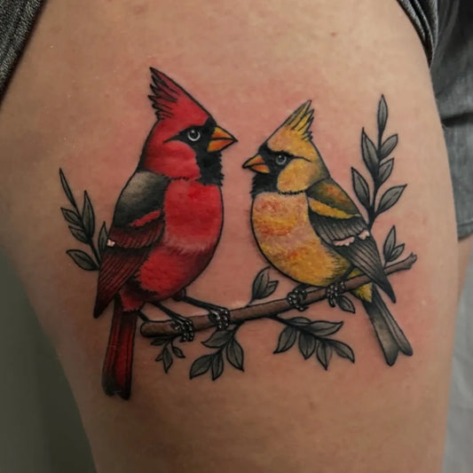 Medium Realism Cardinal and Goldfinch Tattoo on Women Thigh by @immortalcanvas
