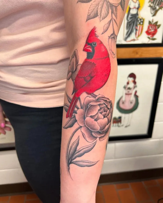 Medium Realism Cardinal and Peony Tattoo on Women Arm by @redgrizzly123