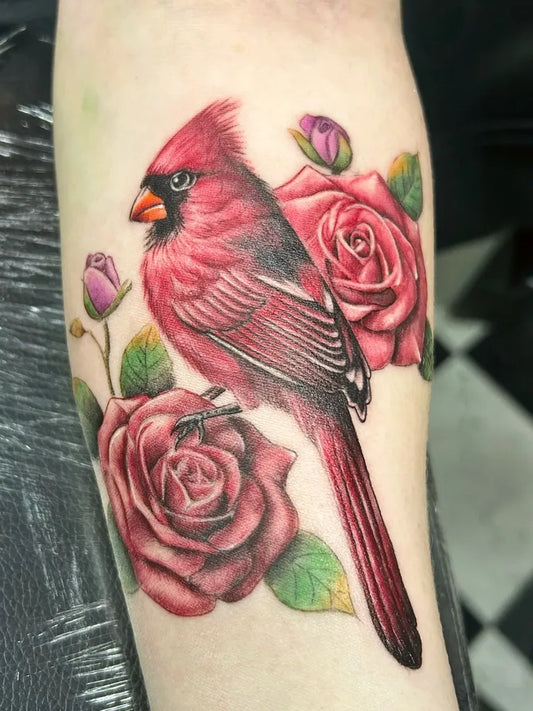 Medium Realism Cardinal and Roses Tattoo on Women Arm by @vividinkslingers