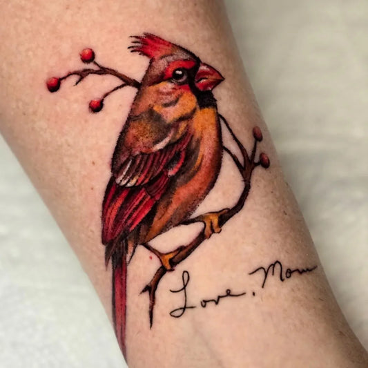 Medium Realism Cardinal with Berries and Love Mom Tattoo on Women Arm by @adisontattoos