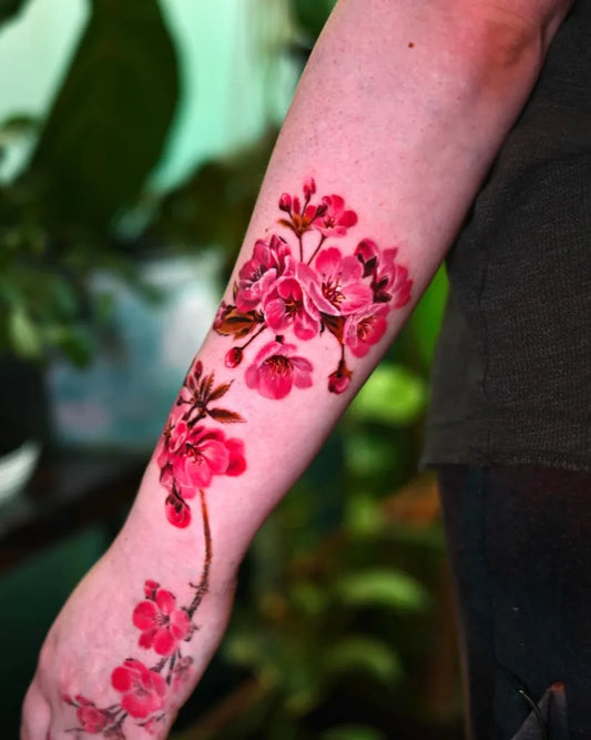 Medium Realism Cherry Blossom Flowers on Women Arm Tattoo by @sentimental_laundry
