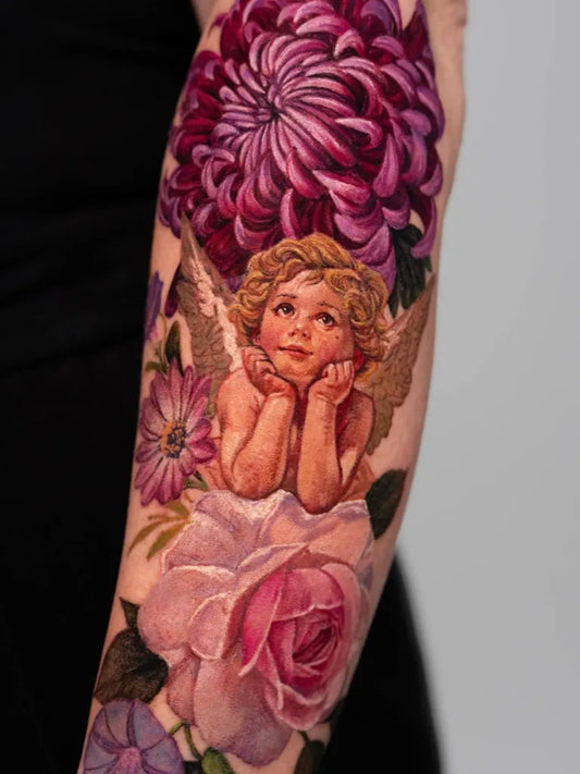 Medium Realism Cherub Flower Tattoo on Women Arm by @sogdiana.sk