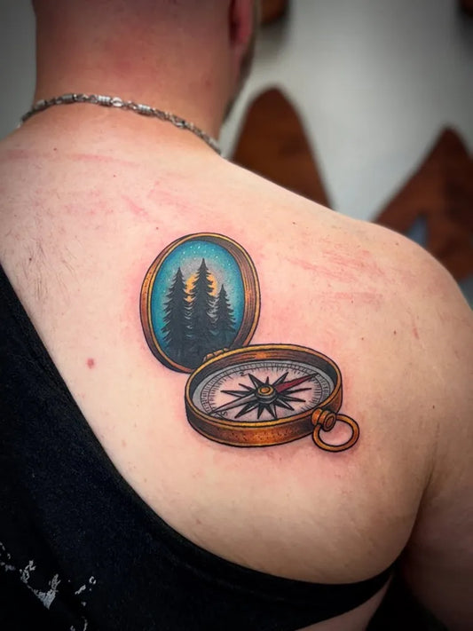 Medium Realism Compass with Trees on Men Shoulder Tattoo by @carmen_tattoos182