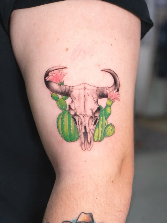 Medium Realism Cow Skull Cactus Tattoo on Women Arm by @cristinasantats