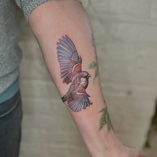 Medium Realism Finch and Leaves Tattoo on Women Arm by @high.onart