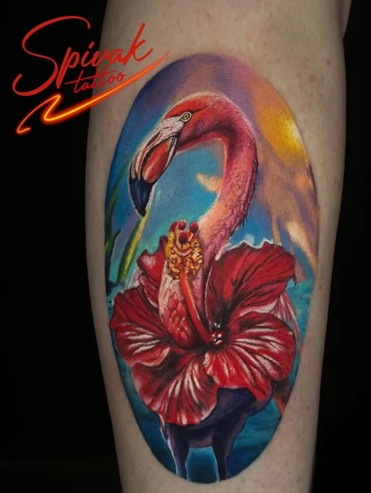 Medium Realism Flamingo and Hibiscus Tattoo on Women Arm by @spivak_tattoo
