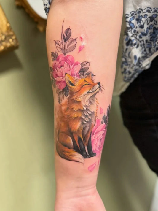 Medium Realism Fox and Peonies Tattoo on Women Arm by @rosered_tattoo