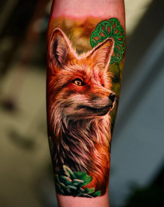 Medium Realism Fox with Celtic Knot Tattoo on Women Arm by @ink.shadow