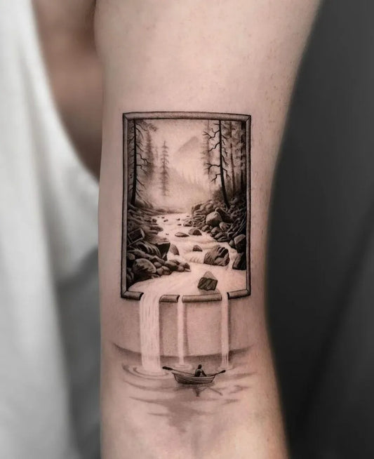Medium Realism Framed Forest Stream with Waterfall and Boat Tattoo on Men Arm by @txlegendstattoo