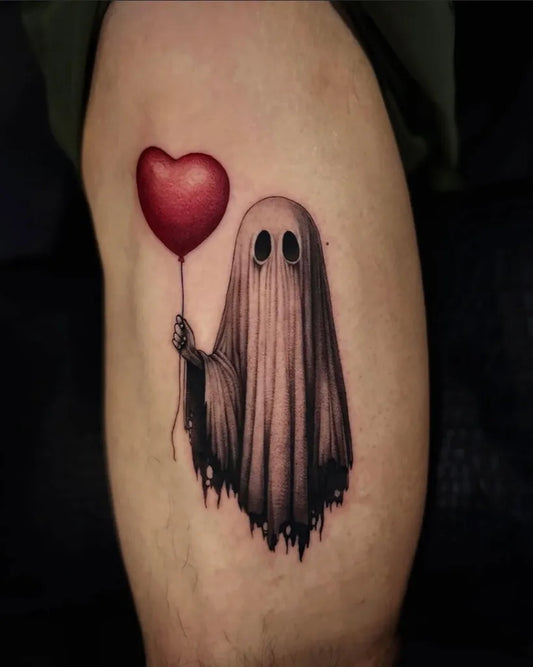 Medium Realism Ghost with Heart Balloon Tattoo on Men Thigh by @txttooing