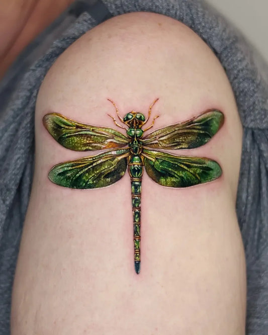 Medium Realism Green Dragonfly on Women Shoulder Tattoo by @tattooist_yum