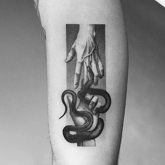 Medium Realism Hand and Snake Tattoo on Men Arm by @tat_you_