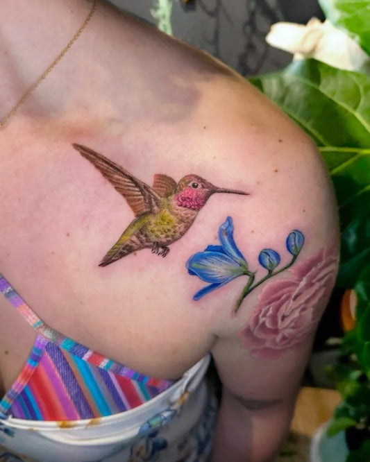 Medium Realism Hummingbird Flowers on Women Shoulder Tattoo by @faithestestattoo
