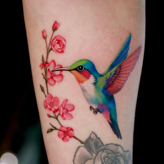 Medium Realism Hummingbird with Cherry Blossoms on Women Arm Tattoo by @alectronatattoos