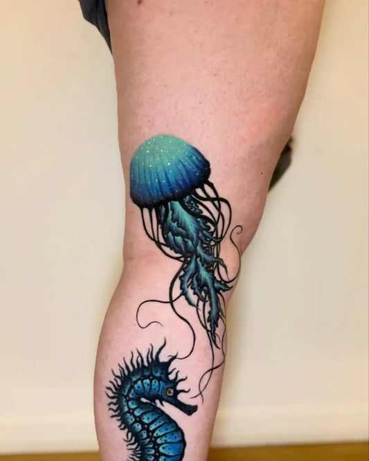 Medium Realism Jellyfish and Seahorse Tattoo on Women Thigh by @tetar_ttt