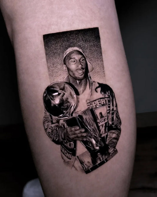Medium Realism Kobe Bryant with Trophy Tattoo on Men Thigh by @kaplanarda